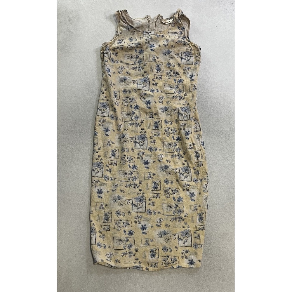 Bobbie Brooks Vintage Floral Linen Blend Maxi Dress Sleeveless Tan Blue Medium